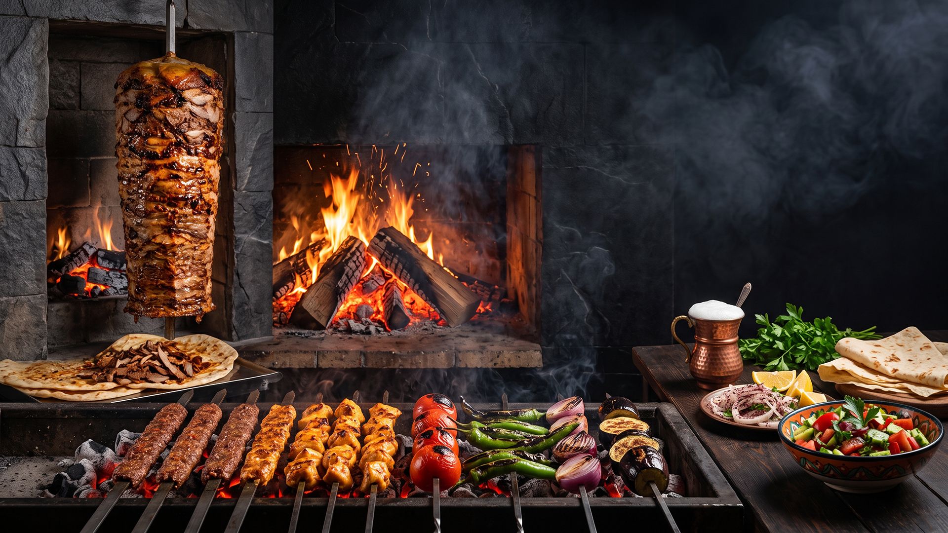 Turkish doner and kebab skewers cooking over an open fire