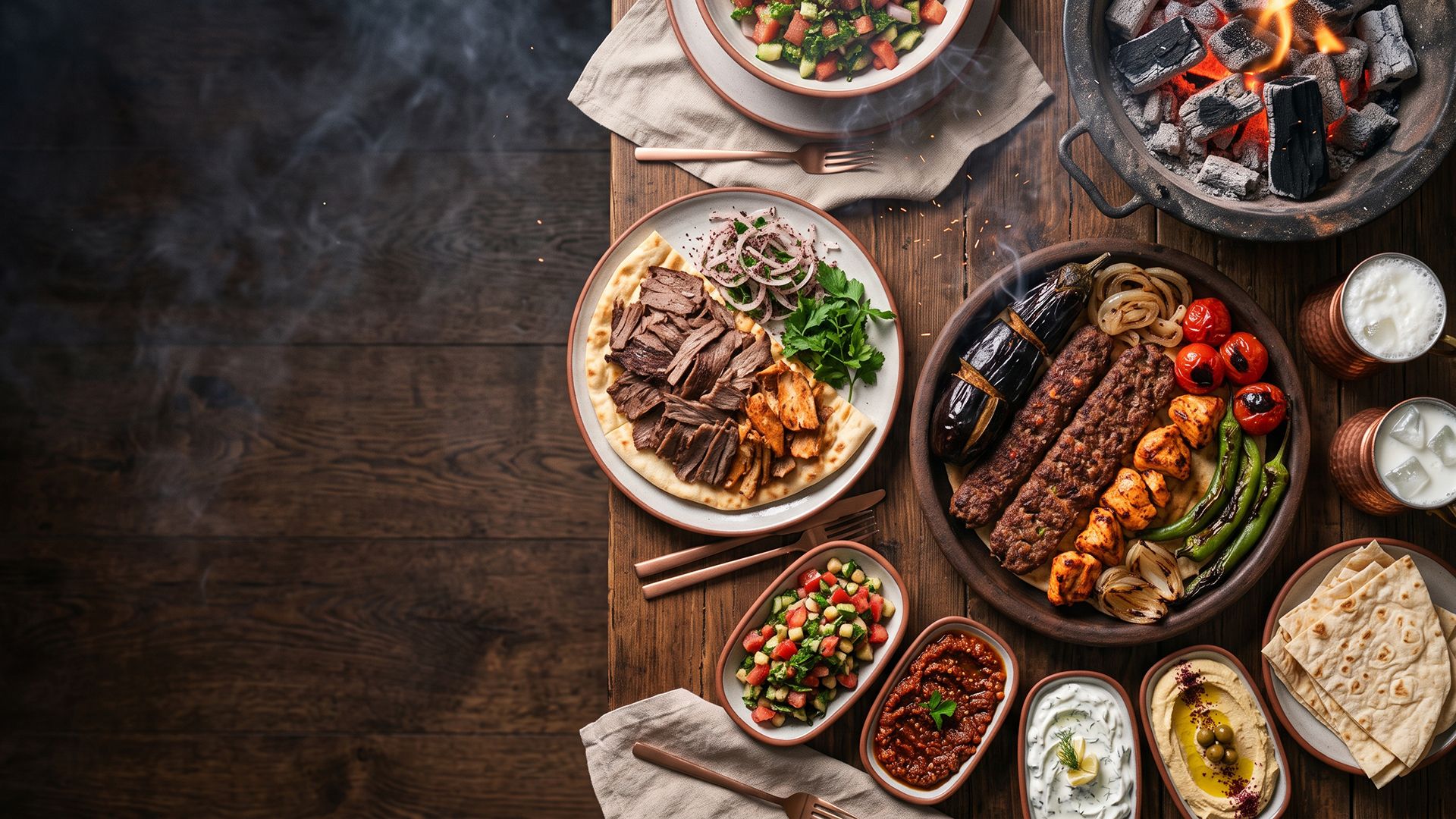 Turkish kebabs, flatbread and mezze served on a wooden table